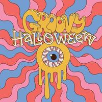affiche ou carte de style rétro groovy des années 70 pour une fête d'halloween effrayante. monstre fondant avec un seul œil sur fond de rayons ondulés. illustration vectorielle dessinés à la main avec texte de lettrage. vecteur