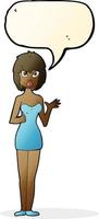 dessin animé confus femme en robe de cocktail avec bulle de dialogue vecteur