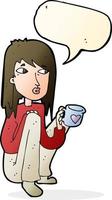 dessin animé femme assise avec une tasse de café avec bulle de dialogue vecteur