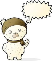 dessin animé mignon ours polaire en chapeau d'hiver et écharpe avec bulle de dialogue vecteur