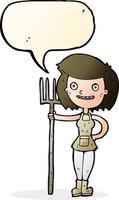 dessin animé heureux agriculteur fille avec bulle de dialogue vecteur
