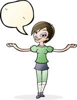 dessin animé femme faisant un geste de bras ouvert avec bulle de dialogue vecteur