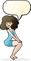 dessin animé assis femme en robe avec bulle de dialogue vecteur