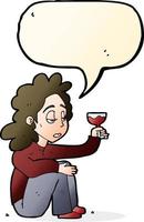 femme malheureuse de dessin animé avec un verre de vin avec bulle de dialogue vecteur