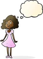 dessin animé femme heureuse en robe avec bulle de pensée vecteur