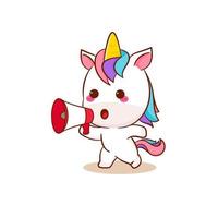 dessin animé mignon de licorne pégase magique tenant un vecteur de mégaphone. poney dessin animé kawaii animal. isolé sur fond blanc.