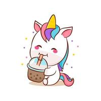 dessin animé mignon licorne magique boit vecteur de thé à bulles. poney dessin animé kawaii animal. isolé sur fond blanc.