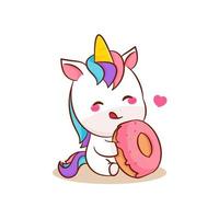 le dessin animé mignon de licorne magique mange le vecteur de beignet. poney dessin animé kawaii animal. isolé sur fond blanc.