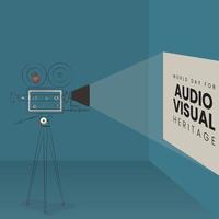 dessin au trait de caméra au design vintage avec projection de texte de la journée mondiale du patrimoine audiovisuel vecteur