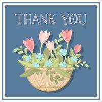 carte de remerciement avec fleurs tulipes, myosotis dans un pot de fleurs sur fond bleu vecteur