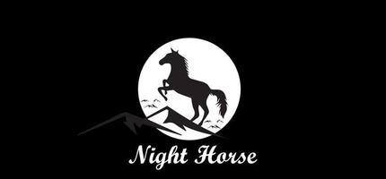 logo de la compagnie de chevaux avec fond clair de lune avec un vecteur de haute qualité belle vue sur la montagne.