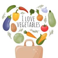 shopping sac en papier et légumes écologiques. légumes bio du supermarché. j'adore les légumes. illustration vectorielle. isolé sur blanc. style bande dessinée. vecteur