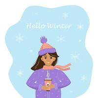carte postale bonjour l'hiver avec une jolie fille avec un café. illustration vectorielle vecteur