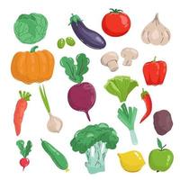 ensemble de légumes dessinés à la main, illustration de vecteur de style dessin animé isolé sur fond blanc. légumes frais, biologiques et délicieux, nourriture végétarienne saine. menu végétalien. tomate, aubergine, potiron, ail..