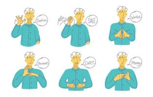 illustration de shopping en langue des signes de caractère doodle vecteur