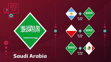 L'équipe nationale d'Arabie saoudite programme des matchs lors de la phase finale du championnat du monde de football 2022. illustration vectorielle des matchs du monde de football 2022. vecteur