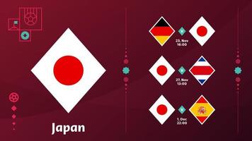 L'équipe nationale du Japon programme des matchs lors de la phase finale du championnat du monde de football 2022. illustration vectorielle des matchs du monde de football 2022. vecteur