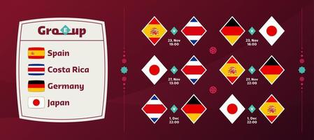 L'équipe nationale du groupe e programme les matchs de la phase finale du championnat du monde de football 2022. illustration vectorielle des matchs du monde de football 2022. vecteur