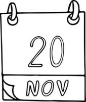 calendrier dessiné à la main dans un style doodle. 20 novembre. journée universelle des enfants, date. icône, élément autocollant pour la conception. planification, vacances d'affaires vecteur