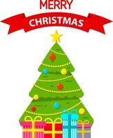arbre de noël décoré.merry christmas.gift boxes.star et balls.flat illustration vector.greeting card.festive banner vecteur