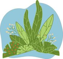 plantes vertes en style cartoon sur un fond abstrait bleu clair. composition décorative de plantes vertes tropicales dans un style plat. vecteur de buissons et d'herbe.