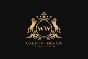 crête dorée rétro ww initiale avec cercle et deux chevaux, modèle de badge avec volutes et couronne royale - parfait pour les projets de marque de luxe vecteur