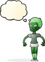 dessin animé zombie monstre femme avec bulle de pensée vecteur
