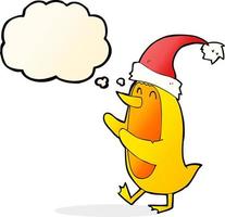 oiseau de dessin animé portant un chapeau de Noël avec bulle de pensée vecteur