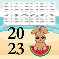 calendrier 2023 avec un lapin mignon vecteur