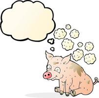 dessin animé cochon malodorant avec bulle de pensée vecteur