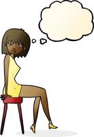 dessin animé femme assise sur un tabouret avec bulle de pensée vecteur