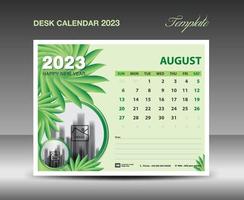 conception de calendrier 2023 - modèle d'août 2023, modèle de calendrier de bureau 2023 concept nature fleurs vertes, planificateur, idée créative de calendrier mural, publicité, modèle d'impression, vecteur eps10