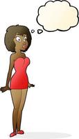 dessin animé surpris femme en robe courte avec bulle de pensée vecteur