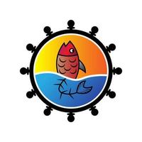 modèle de logo de conception de vecteur de poisson isolé dans la roue. coucher de soleil orange vue sur l'océan nuageux. idée de restaurant de fruits de mer