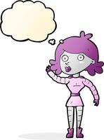 femme robot dessin animé agitant avec bulle de pensée vecteur