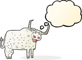 dessin animé vache poilue avec bulle de pensée vecteur