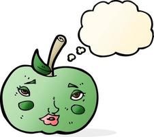 pomme de dessin animé avec visage avec bulle de pensée vecteur