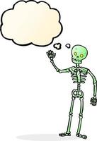 dessin animé agitant squelette avec bulle de pensée vecteur
