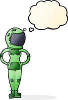 dessin animé femme astronaute avec bulle de pensée vecteur