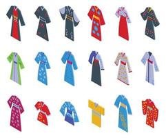 icônes kimono définies vecteur isométrique. fille asiatique