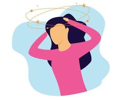 illustration vectorielle de maux de tête. étourdi, confus. femme tenant la tête avec une étoile qui tourne au-dessus de la tête vecteur