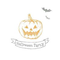 illustration vectorielle dessinés à la main de citrouille, texte de fête d'halloween, chauve-souris. isolé sur blanc. vecteur