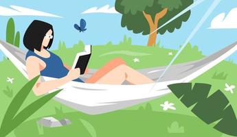 illustration d'une belle femme aux cheveux courts, lunettes lisant un livre dans un hamac. fond de jardin vert, feuilles, arbres. concept de détente, nature, beauté, étude, vacances, etc. vecteur plat