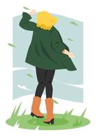 femme aux cheveux bouclés vue arrière et par temps venteux. feuilles volantes. concept de météo, nature, plein air, etc. illustration vectorielle plane vecteur