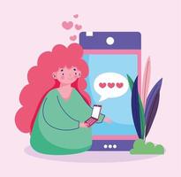 jeune femme avec smartphone sms amour romantique vecteur