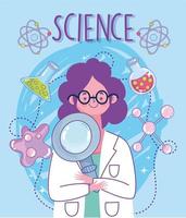 Science scientifique femme avec loupe tube à essai bactéries atome laboratoire de recherche vecteur