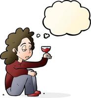 femme malheureuse de dessin animé avec un verre de vin avec bulle de pensée vecteur