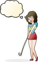 dessin animé femme jouant au golf avec bulle de pensée vecteur