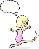 dessin animé femme heureuse coups de pied avec bulle de pensée vecteur