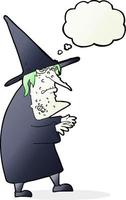 dessin animé laide vieille sorcière avec bulle de pensée vecteur